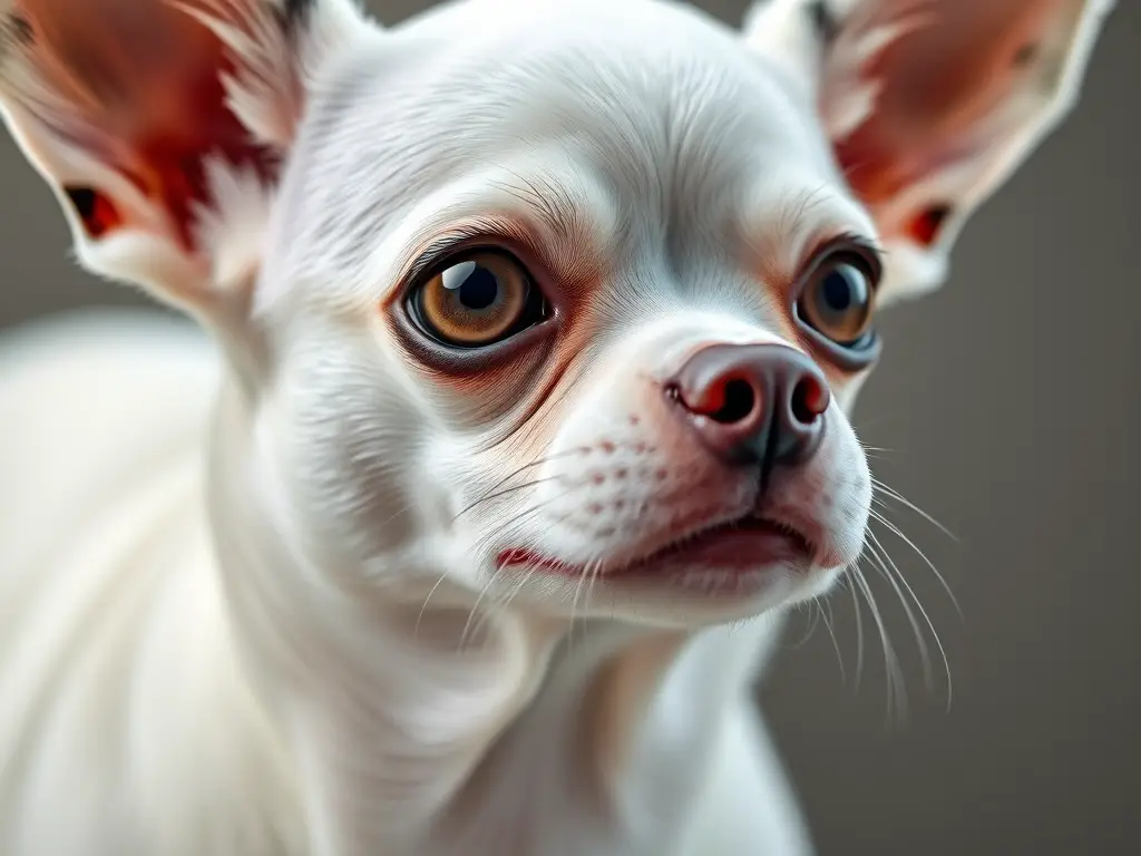 Fotografía realista de un chihuahua blanco con manchas negras y blancas