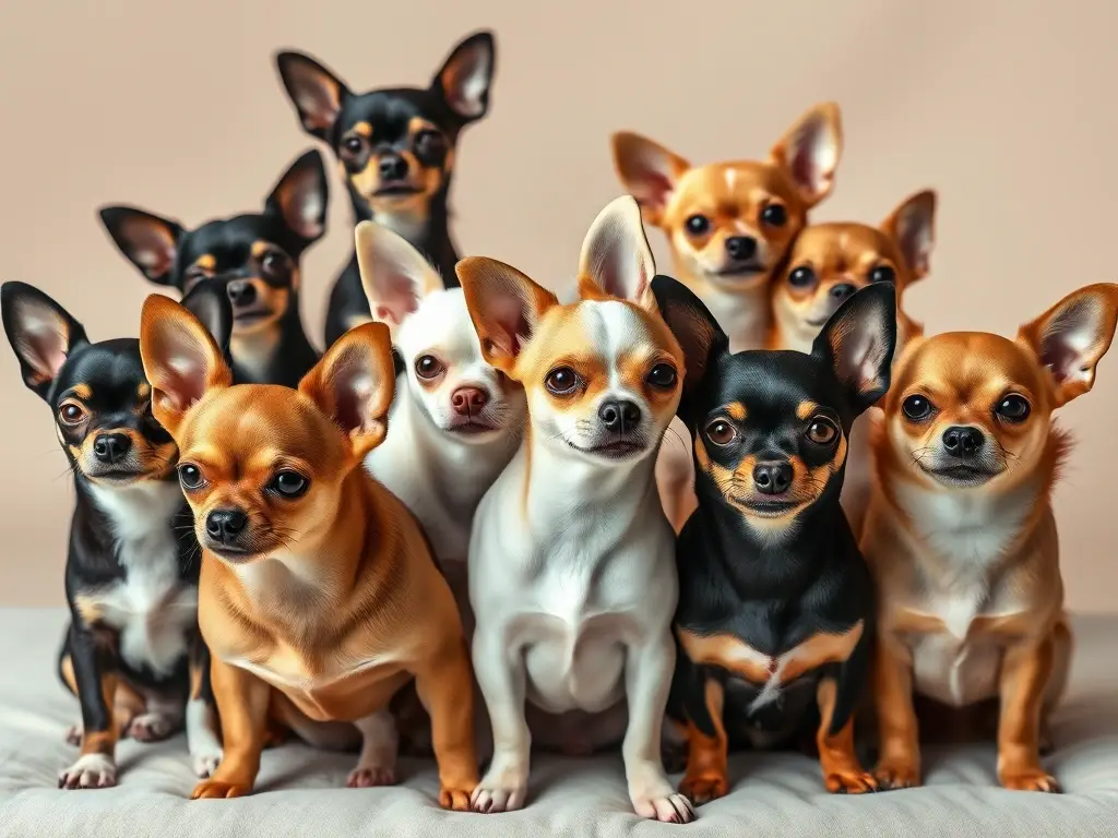 Grupo de chihuahuas de colores sólidos, ultra‑realista