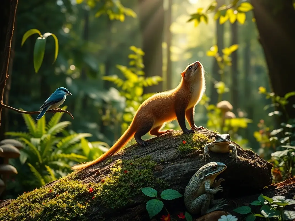 Comadreja realista sobre tronco bajo bosque