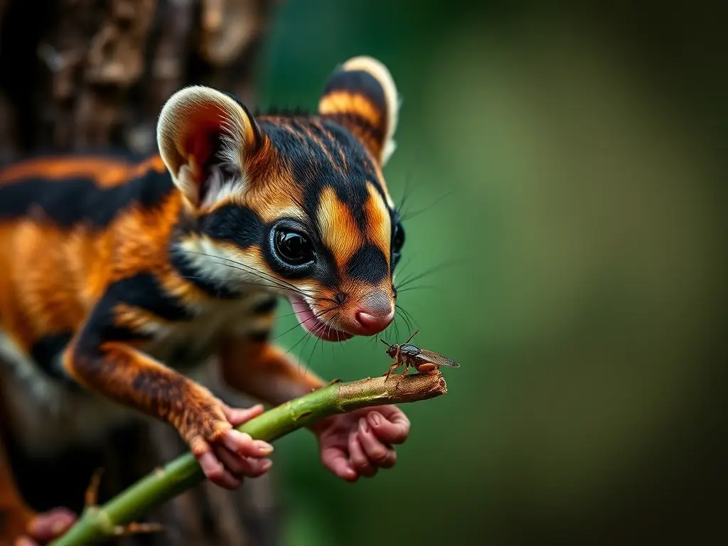 Fotografía realista de una comadreja comiendo insectos en un bosque