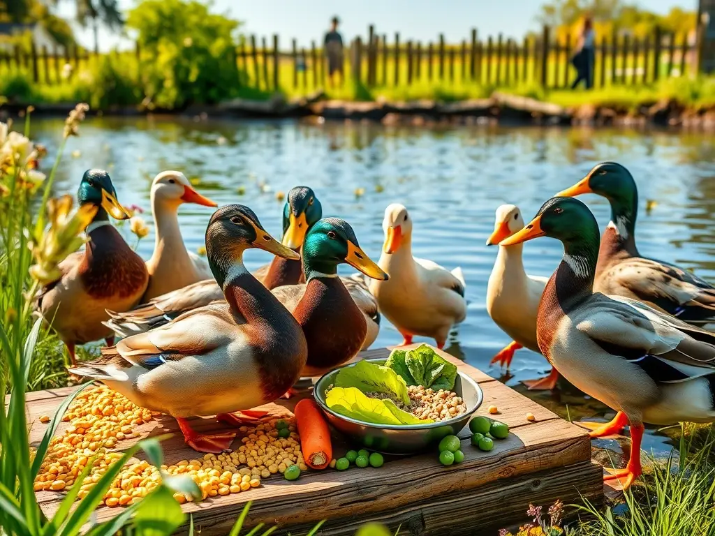 Patos alimentándose en estanque de jardín