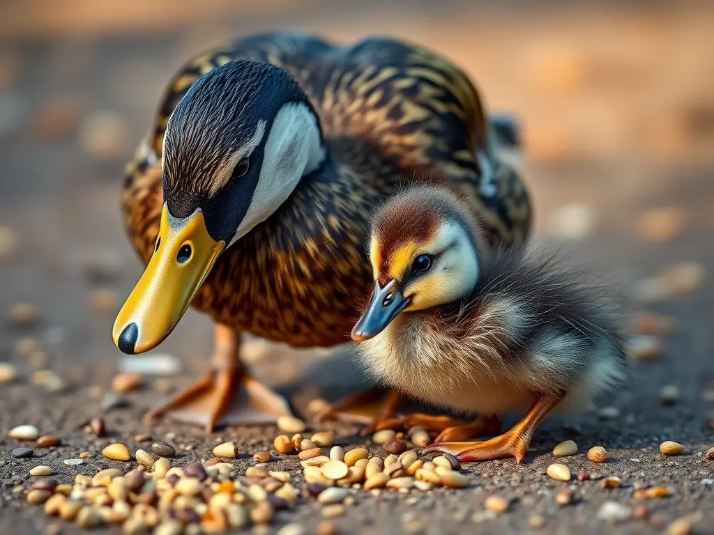 Foto realista de un polluelo de pato alimentándose de semillas