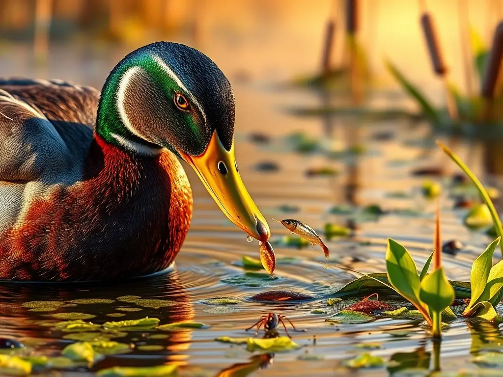 Ánade fotorrealista en humedal al atardecer