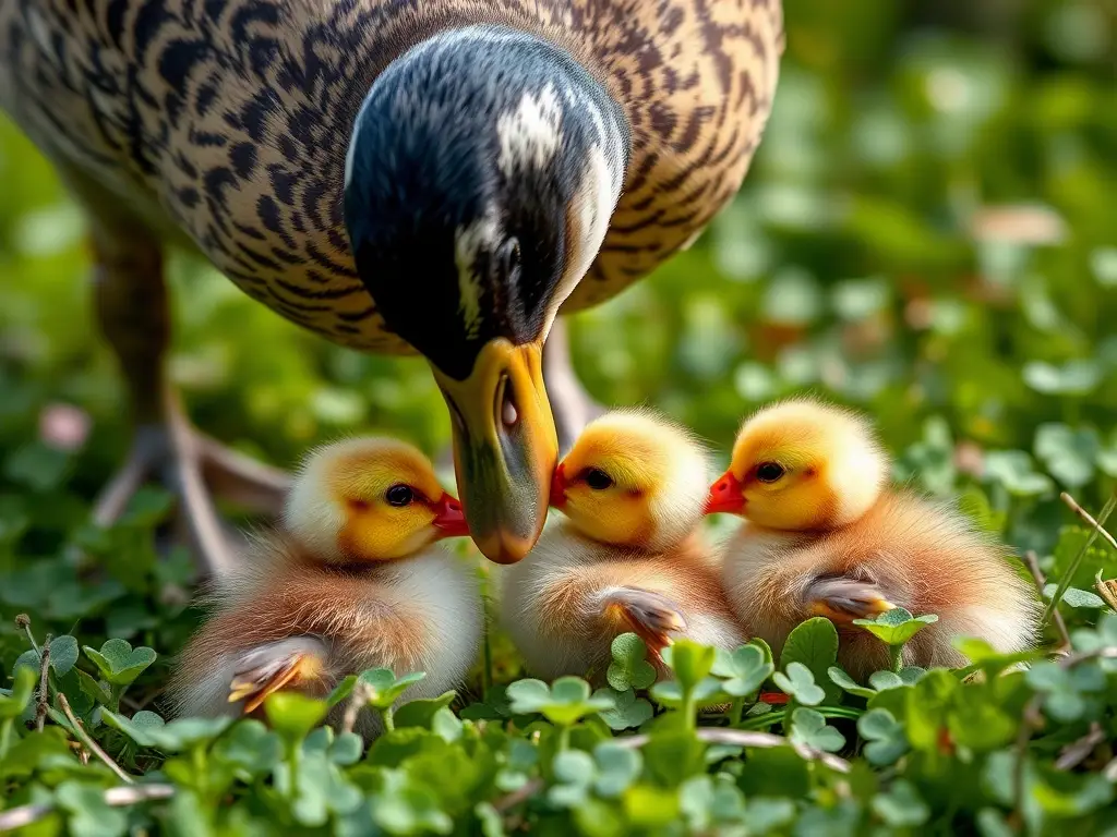 Imagen realista, de alta resolución, de una madre de pato alimentando a sus pezones