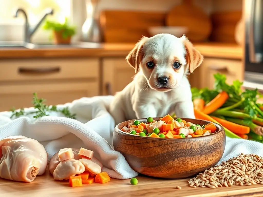 Cachorro de dos meses disfruta comida saludable