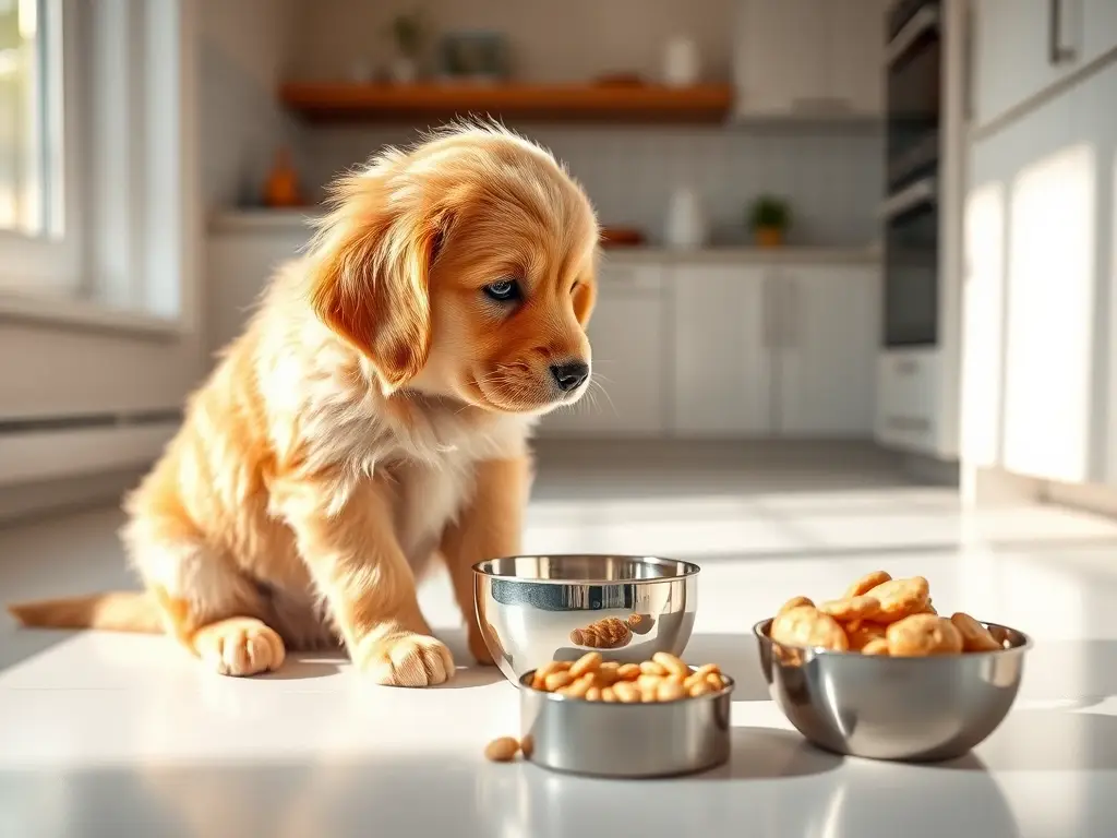 Cachorro golden retriever mira su comida