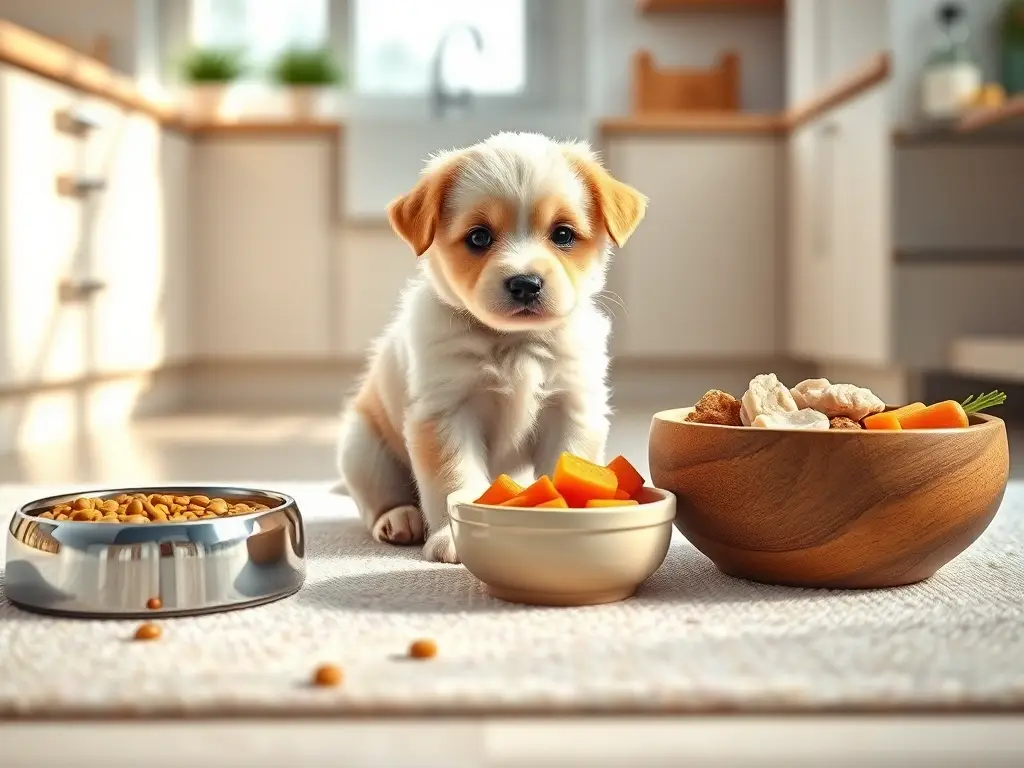 Tierno cachorro en cocina, tres platos