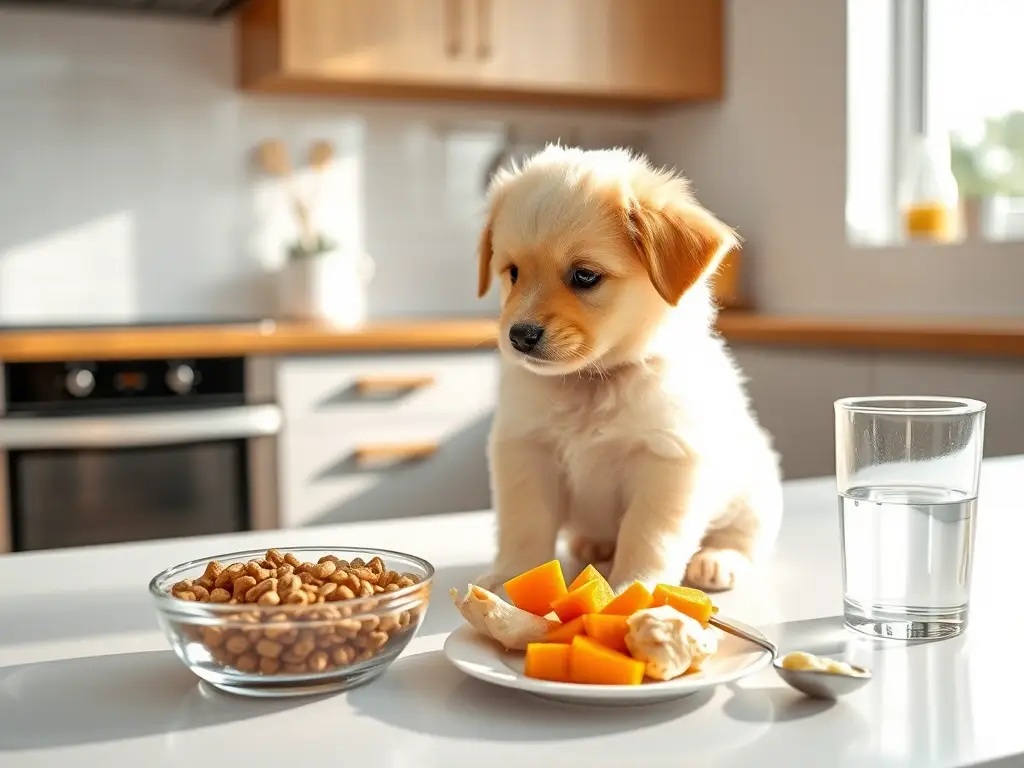 Cachorro de dos meses mira comida