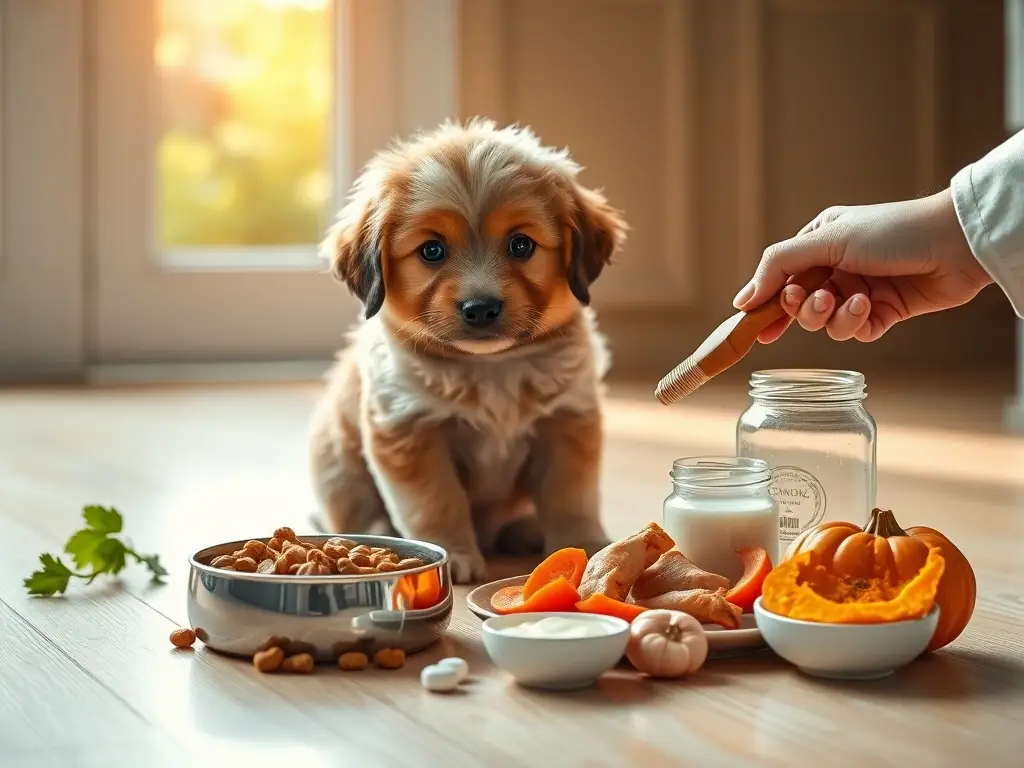 Cachorro saludable con comida y cuidado veterinario