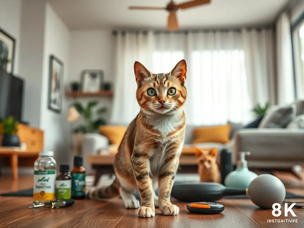 Fotografía realista de un gato controlando dispositivos de sonido y aceites esenciales