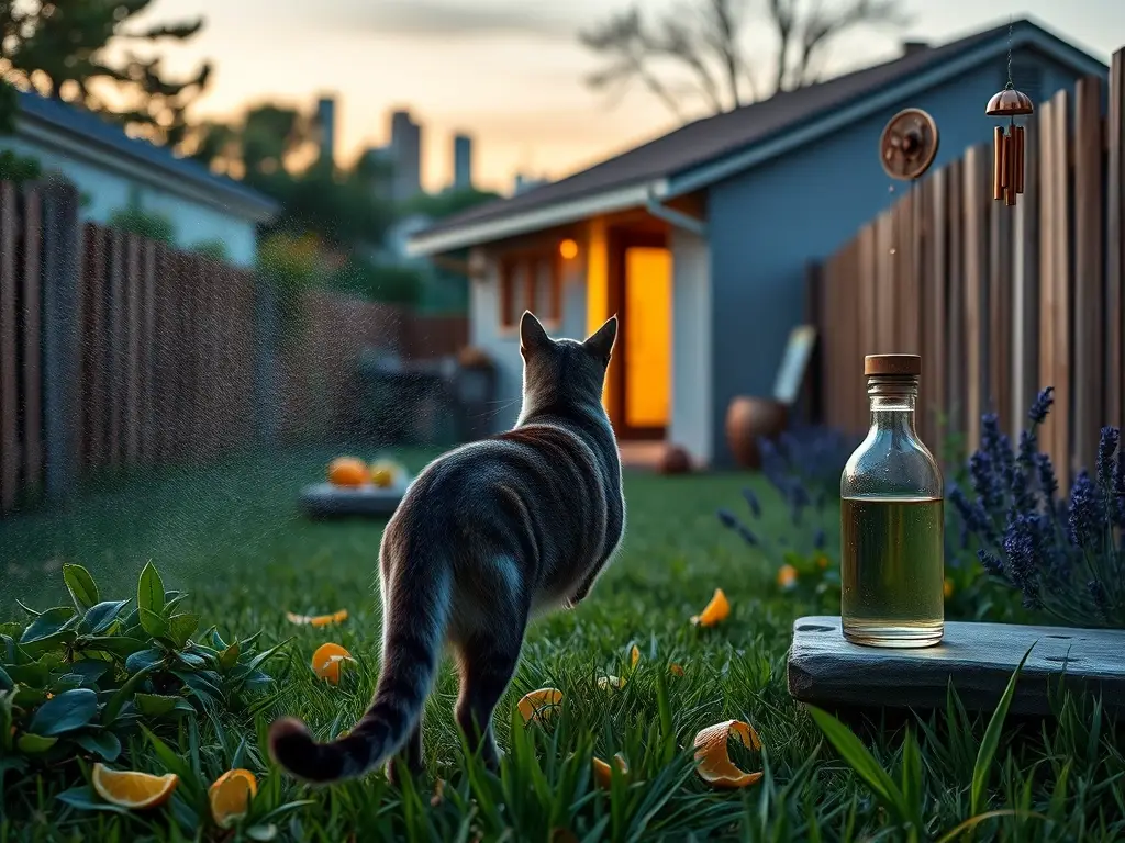 Jardín suburbano al atardecer con gato vigilante