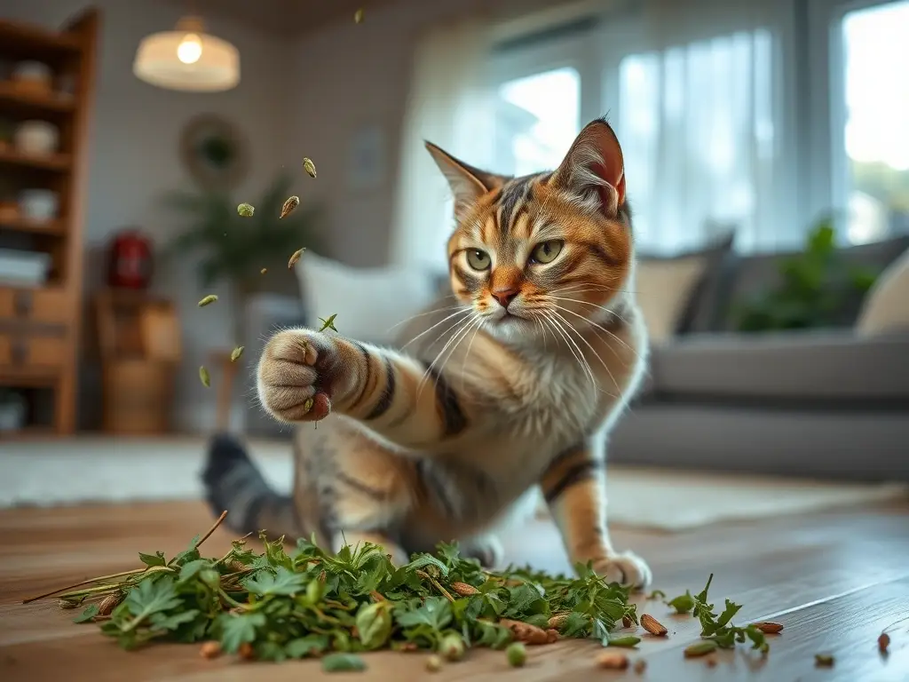 Fotorealista, 8k, una persona esparce catnip en un salón limpio