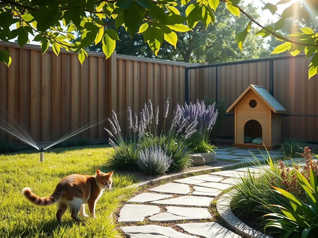 Jardín suburbano con barreras anti‑gato