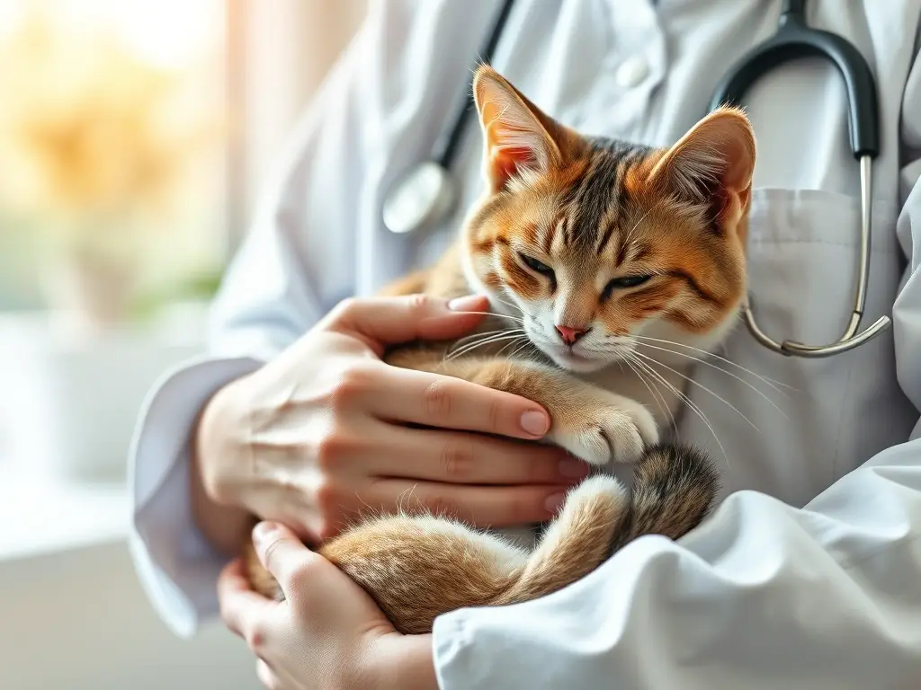 Foto realista de un veterinario masajeando a un gato relajado