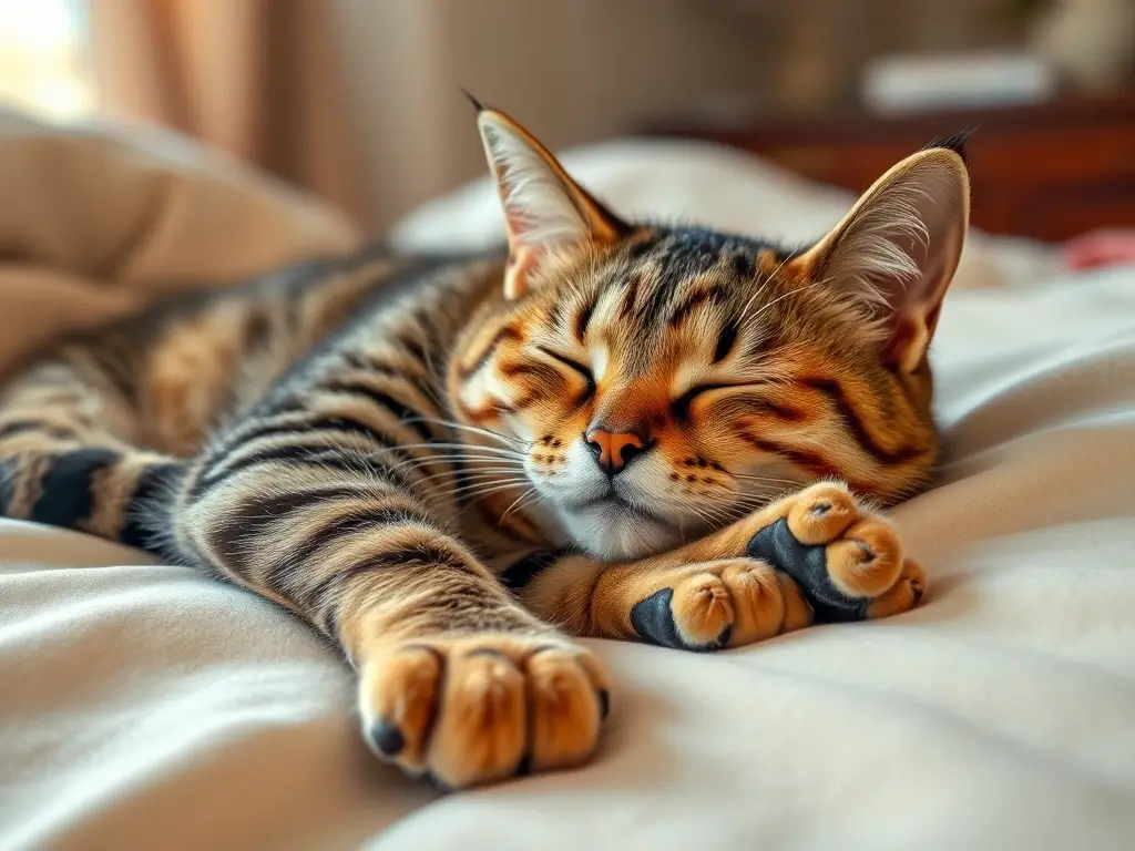 Imagen realista de gato tabby tranquilo durmiendo en cama cómoda