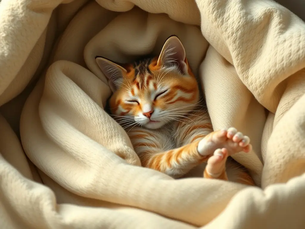 Ilustración realista de un gato en una manta, durmiendo en una cama