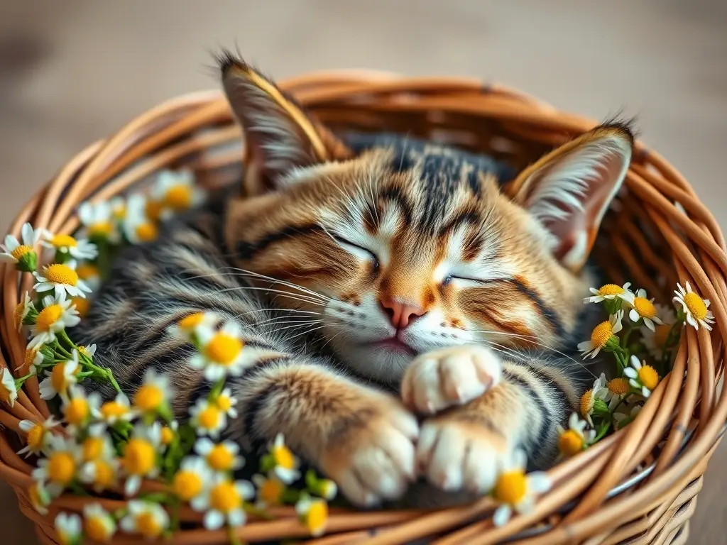 Fotografía realista de un gato tabby relajado en una cesta con flores de manzanilla