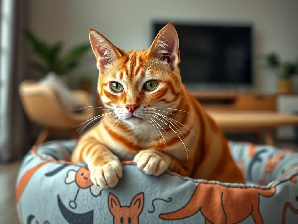 Imagen realista de un gato tabby astuto en una cama con impresión