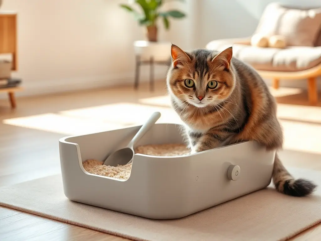 Gato tierno junto a caja de arena