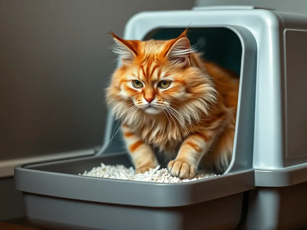 Foto de un persa elegante utilizando un caja de arena