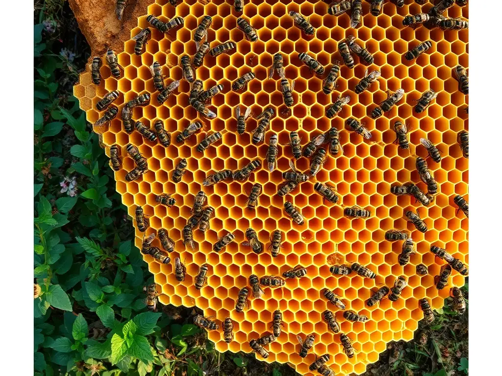 Fotografía realística de abeja con hongo en detalle y entorno natural