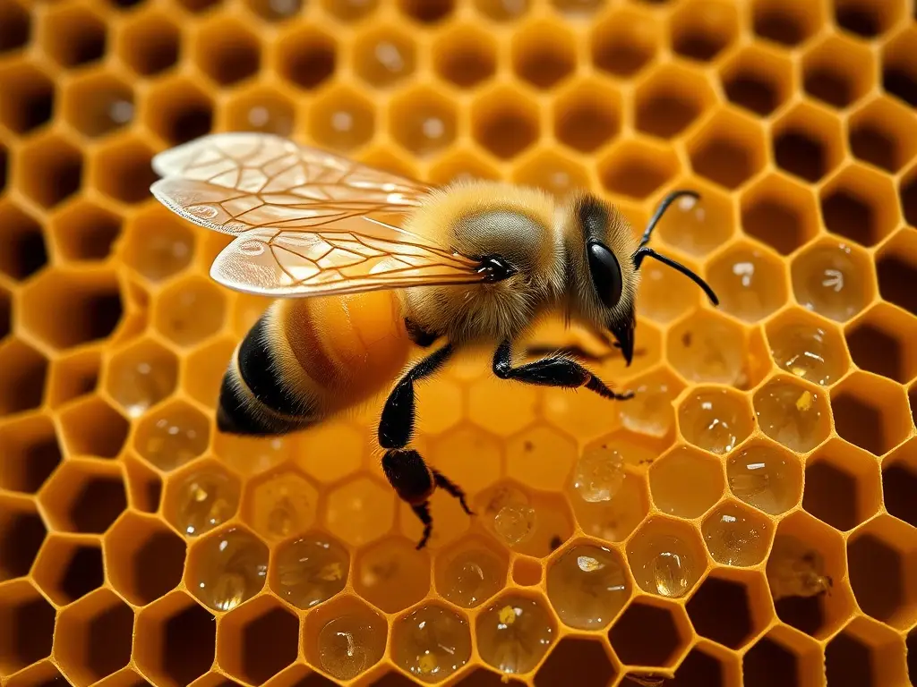 Fotografía realista del ácaro de miel, con detalles fluorescentes