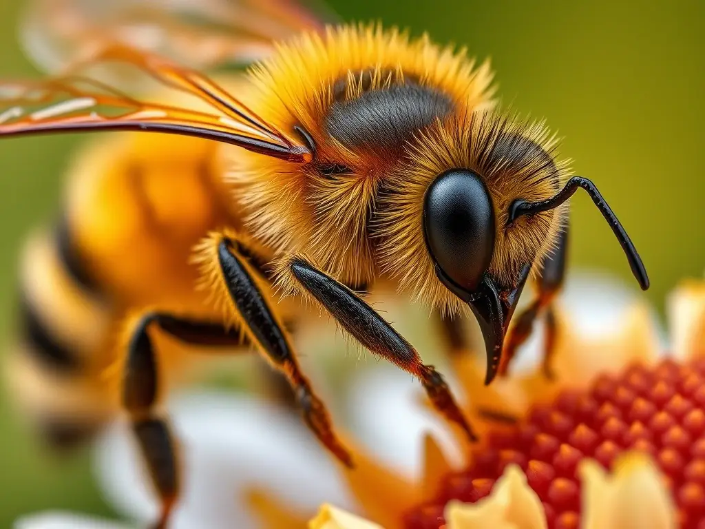 Fotorealista retrato de abeja polinadora con detalles precisos