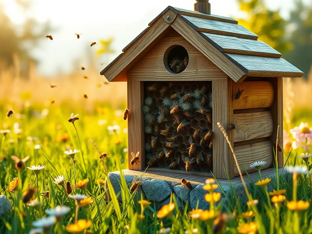 Fotografía de hivedo realista de madera con abejas
