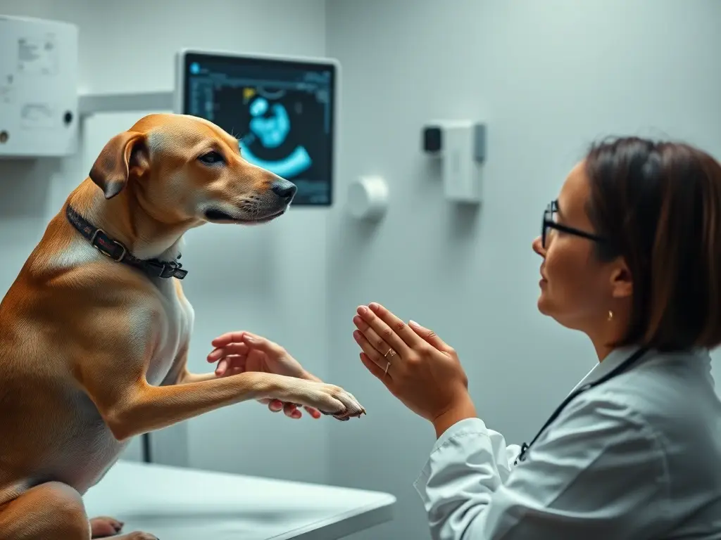 Imagen profesional de veterinario examinando a un perro con pruebas de fertilidad