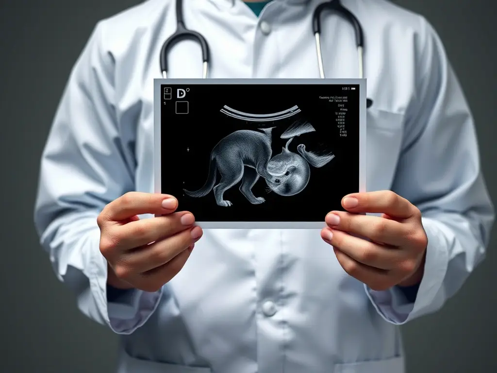 Fotografía realista de un veterinario mostrando un ultrasonido de perro embarazadas
