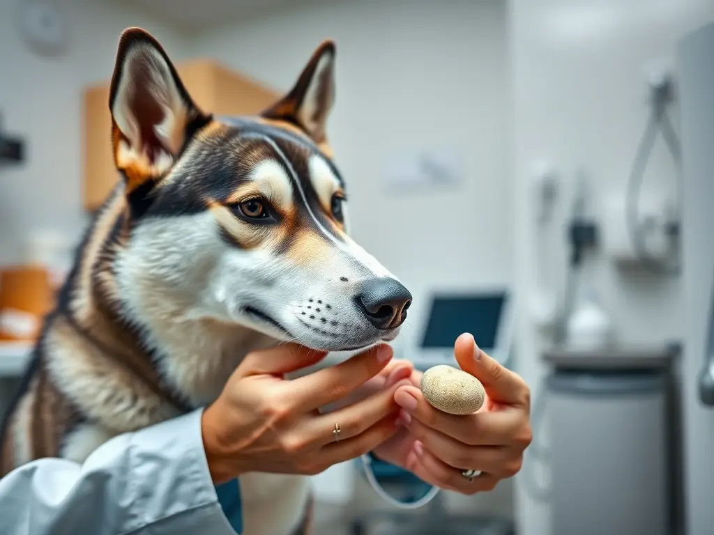 Fotografía realista, 8k, de un veterinario examinando un husky con anatomía detallada