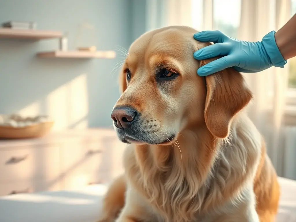 Retrato compasivo de golden retriever con veterinario