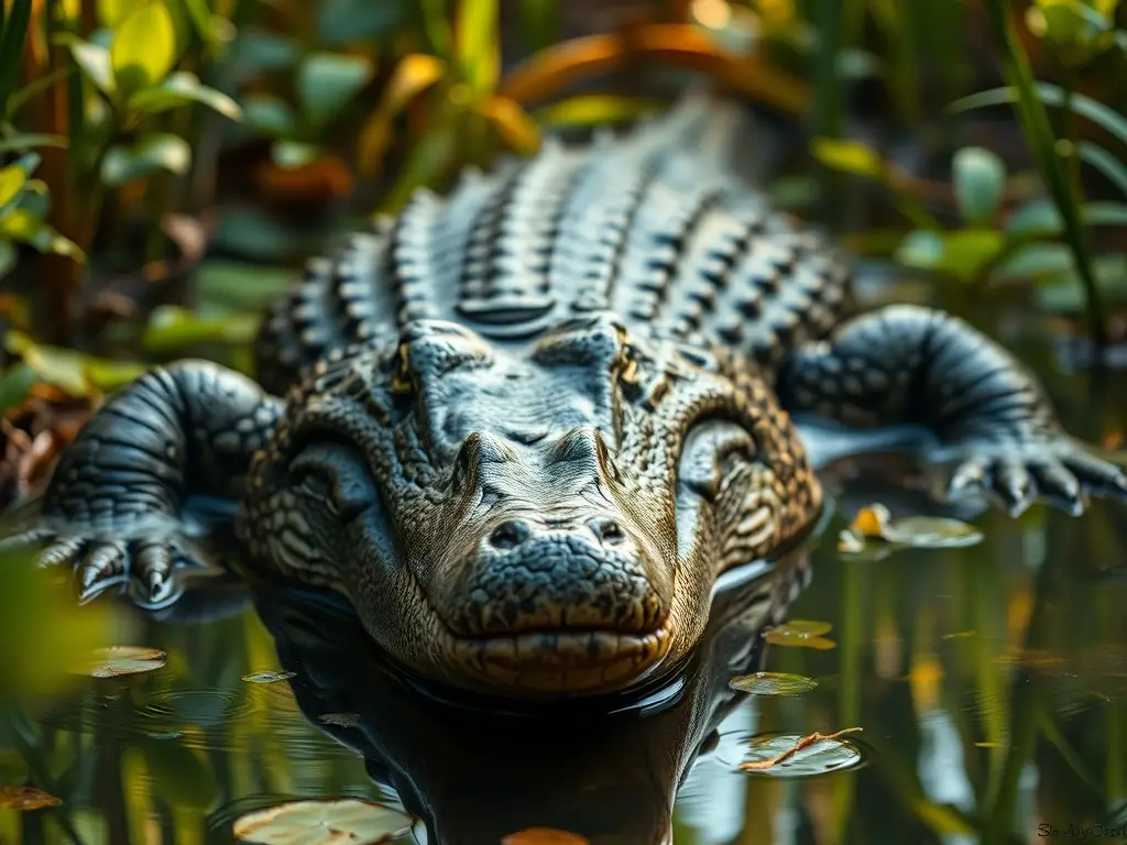 Fotografía realista de crocodilio en un entorno húmedo
