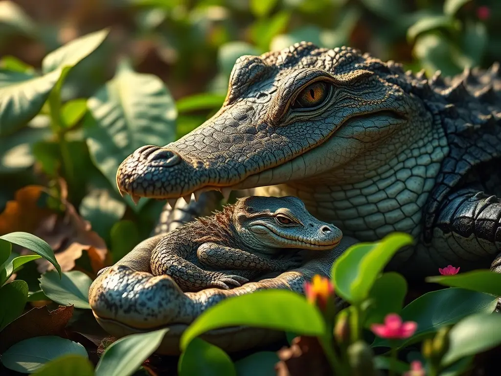 Una madre crocodilo acariciando a su cría