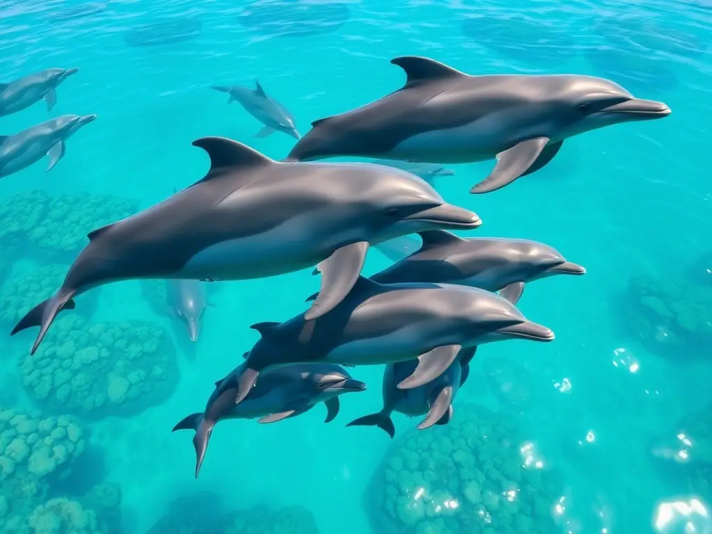 Foto realista de delfines que nadan en aguas turquesas