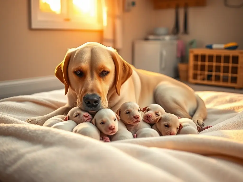 Labrador madre y cachorros al amanecer