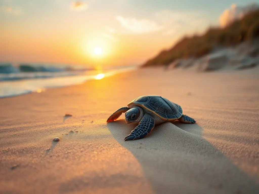 Tortuga recién nacida surge en playa amanecer
