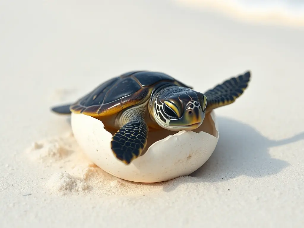 Imagen realista de tortuga bebé saliendo de sus huevos, en arena blanca