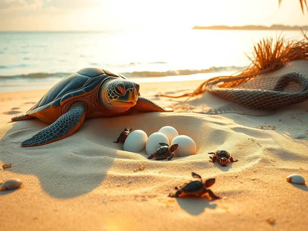 Amanecer tropical con tortugas anidando