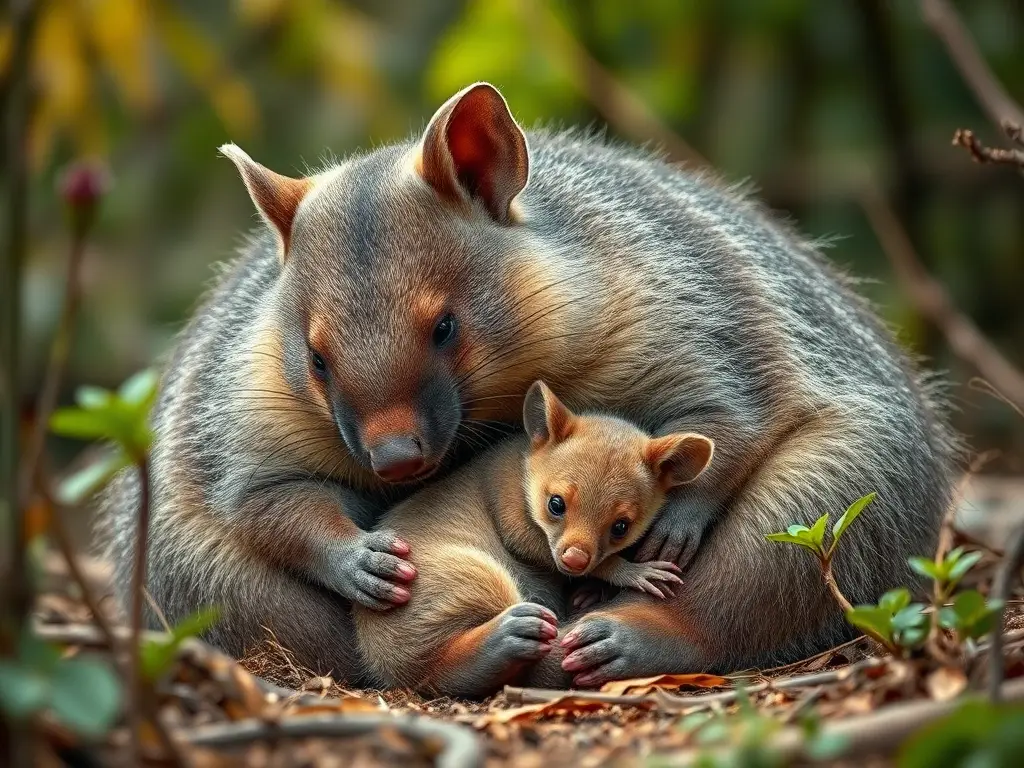 Foto realística de un wombat cuidando a su cachorro en Australia