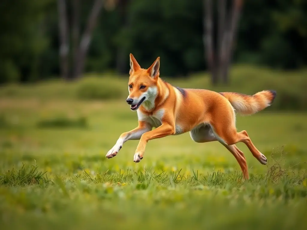 Imagen realista y detallada de dingo corriendo en un prado
