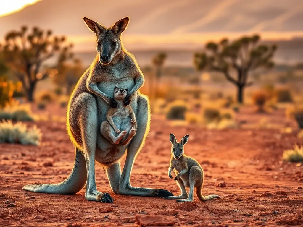 Canguro madre amamanta al cría al atardecer