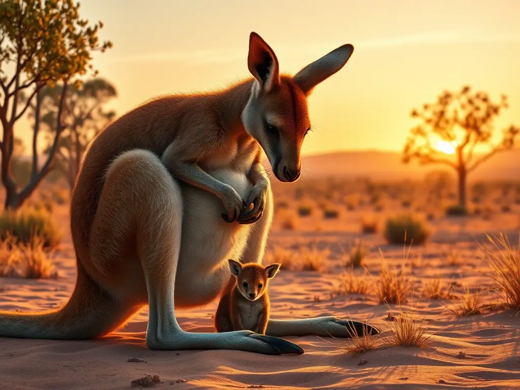 Ilustración fotorrealista de canguro y joey