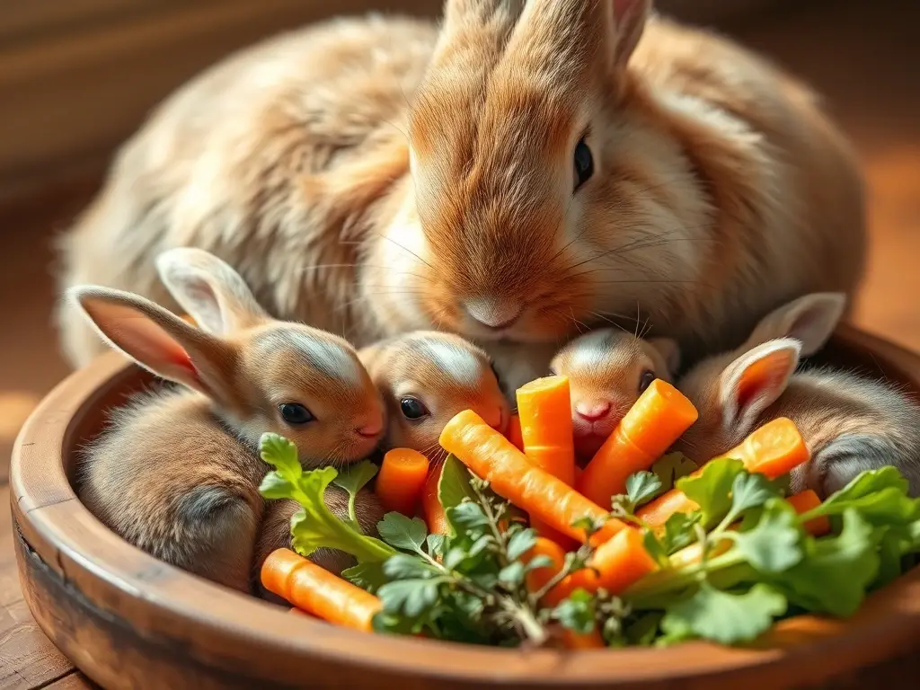 Coneja amamanta gazapos y les da verduras