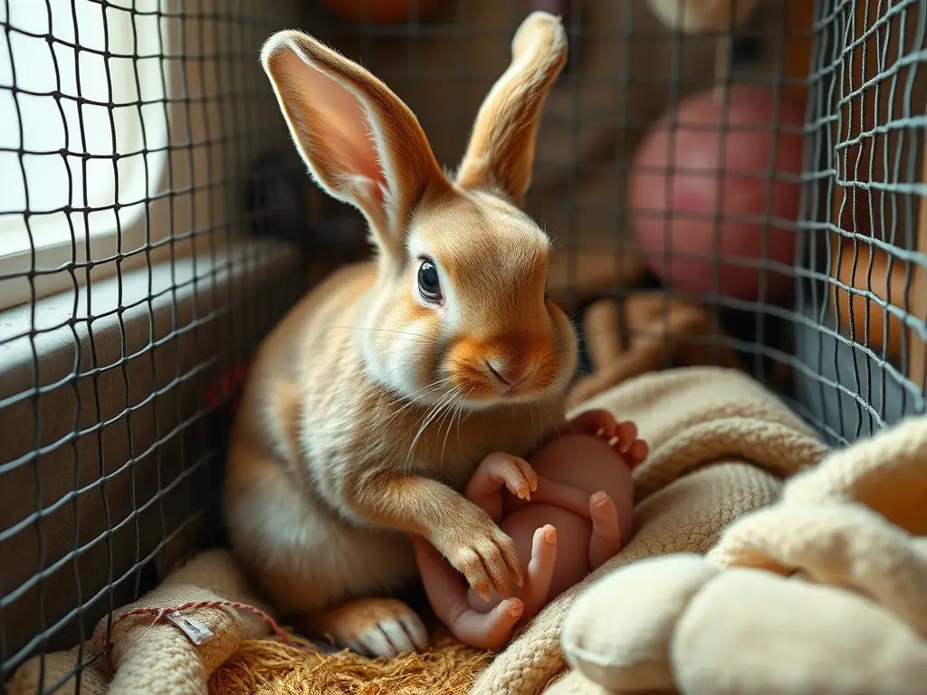 Illustration of a pregnant rabbit in a domestic setting