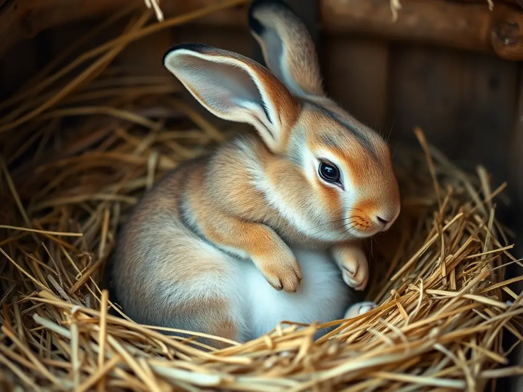 Fotografía realista de una coneja gestante en un nido de paja