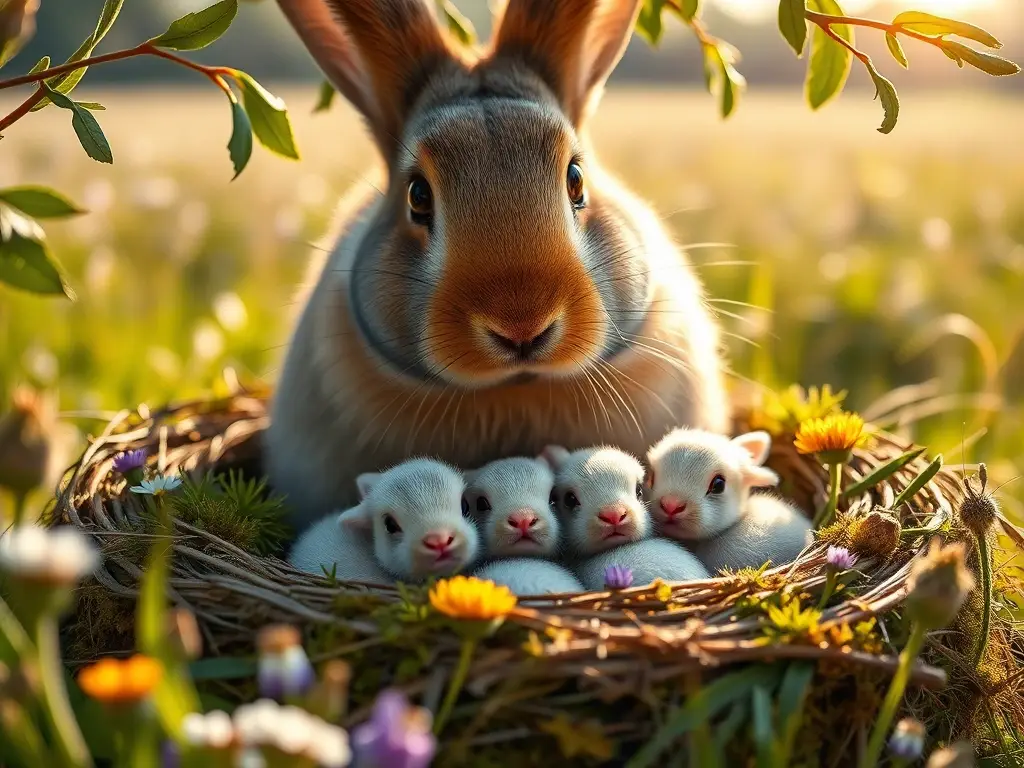 Coneja madre cría tiernos gazapos en prado