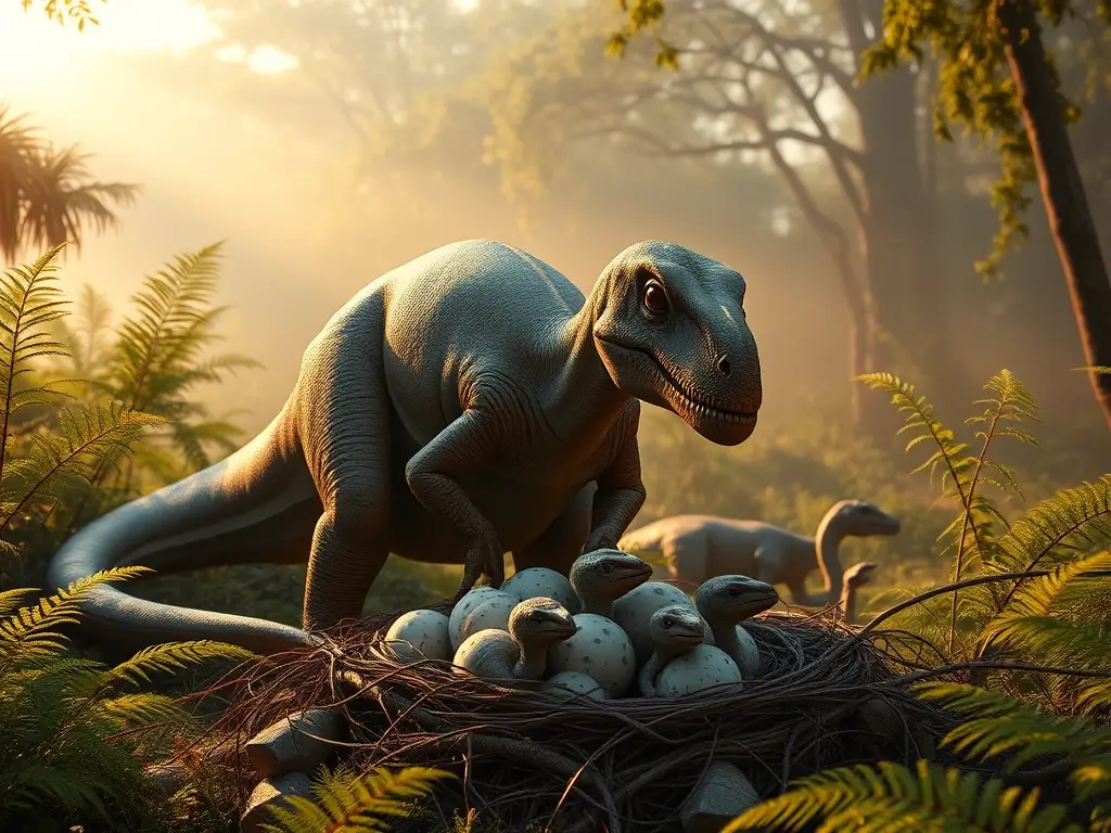 Sauropodo protege huevos en bosque jurásico