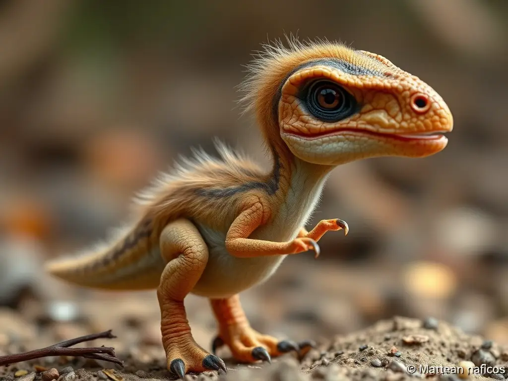 Fotografía realista de un joven velociraptor con plumaje