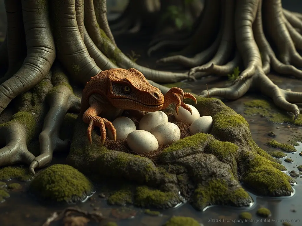 Ilustración realista de huevos de dinosaurio en un pantano prehistórico